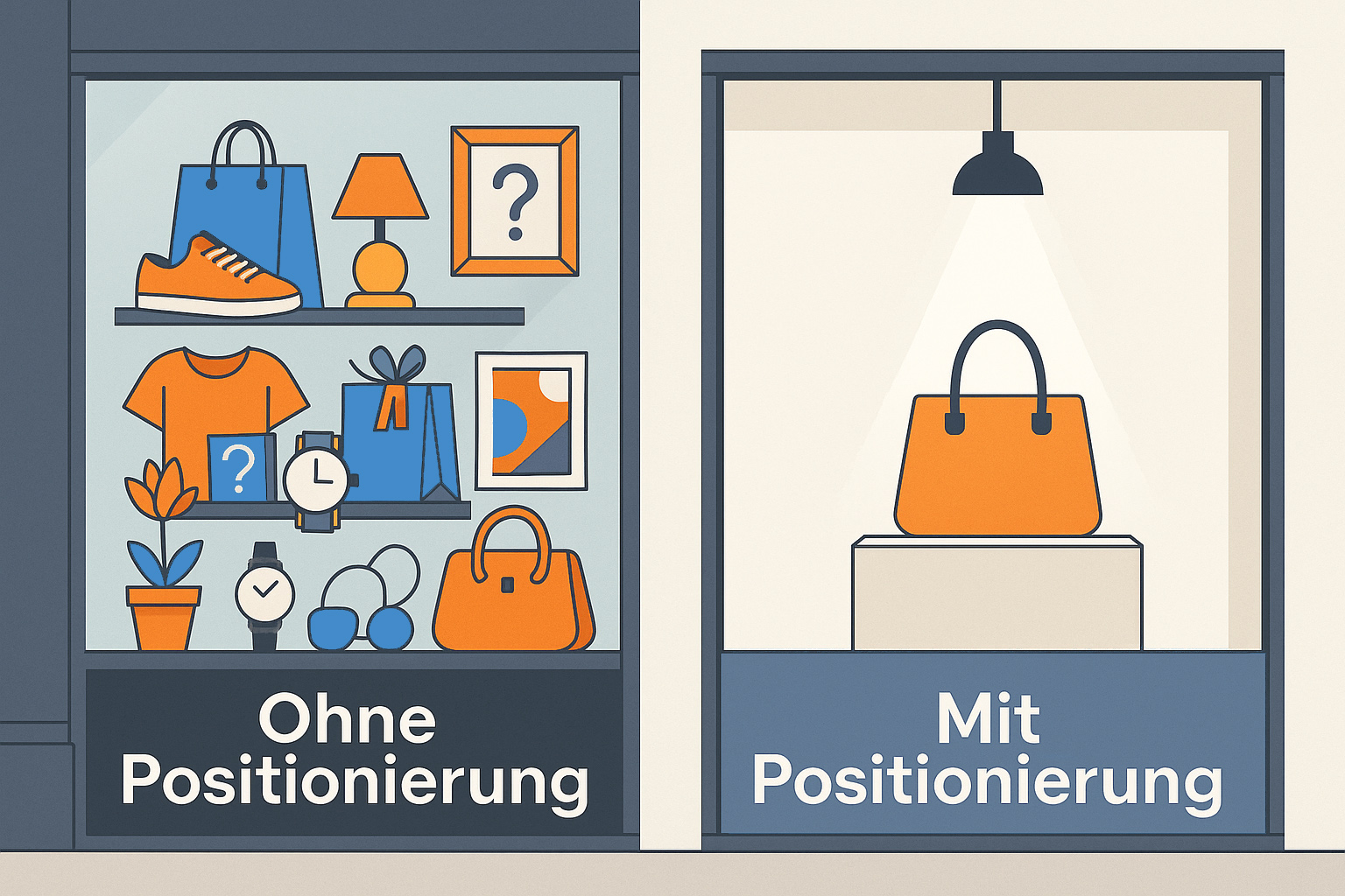 Positionierung-Erklärung Zwei gezeichnete Schaufenster erklären die Vorteile von Positionierung
