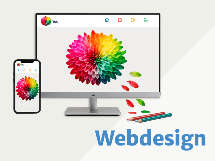 Webdesign PC und Mobilgerät zeigt eine bunte Blume und modernes Webdesign mit der Schrift Webdesign