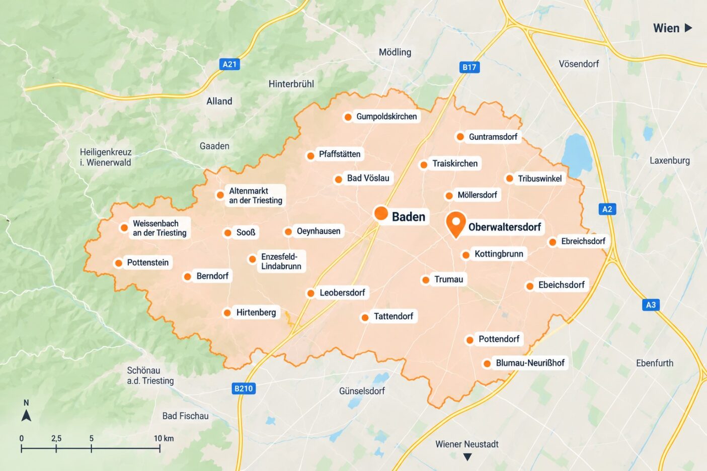 Karte des Bezirks Baden Überblickskarte des Bezirkes Baden bei Wien in Niederösterreich